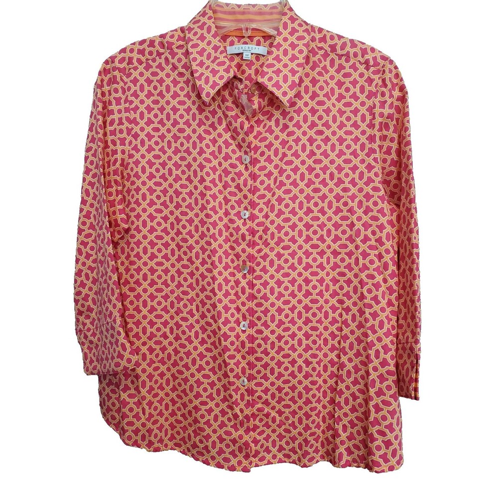 Foxcroft Wrinkle Free Shaped Fit Pink/Orange Geo Print Button-Up Shirt Size 10P